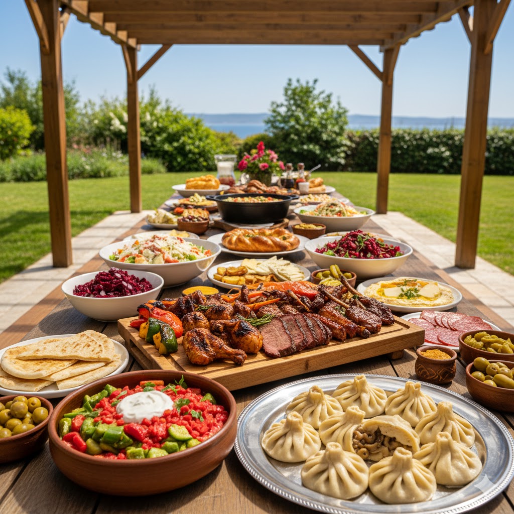 A grand catering table full of food